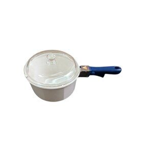 Princess House Nouveau White 2 Quart Saucepan With Glass Lid & Blue Removable Ha